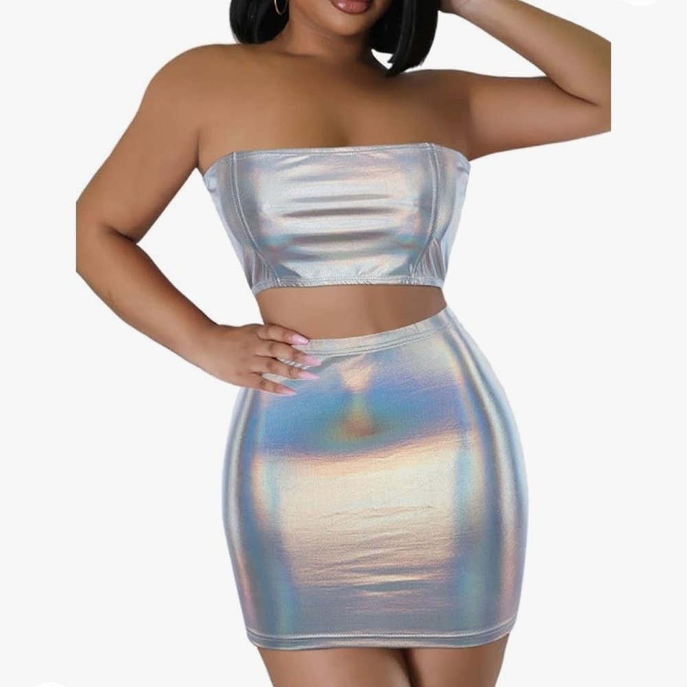 Shiny Metallic Off Shoulder Crop Tube Top Mini Skirt Two Piece Outfit Suit Set